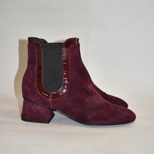 $500 AGL chelsea DRESS boot BLOCK SUEDE PATENT PLUM ITALY 37 (ME32)